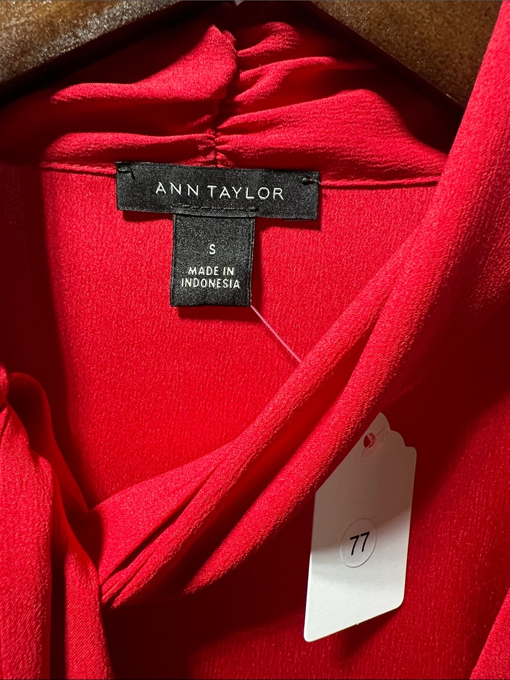 Ann Taylor Red Long-Sleeve Tie-Neck Blouse - Picture 2 of 4